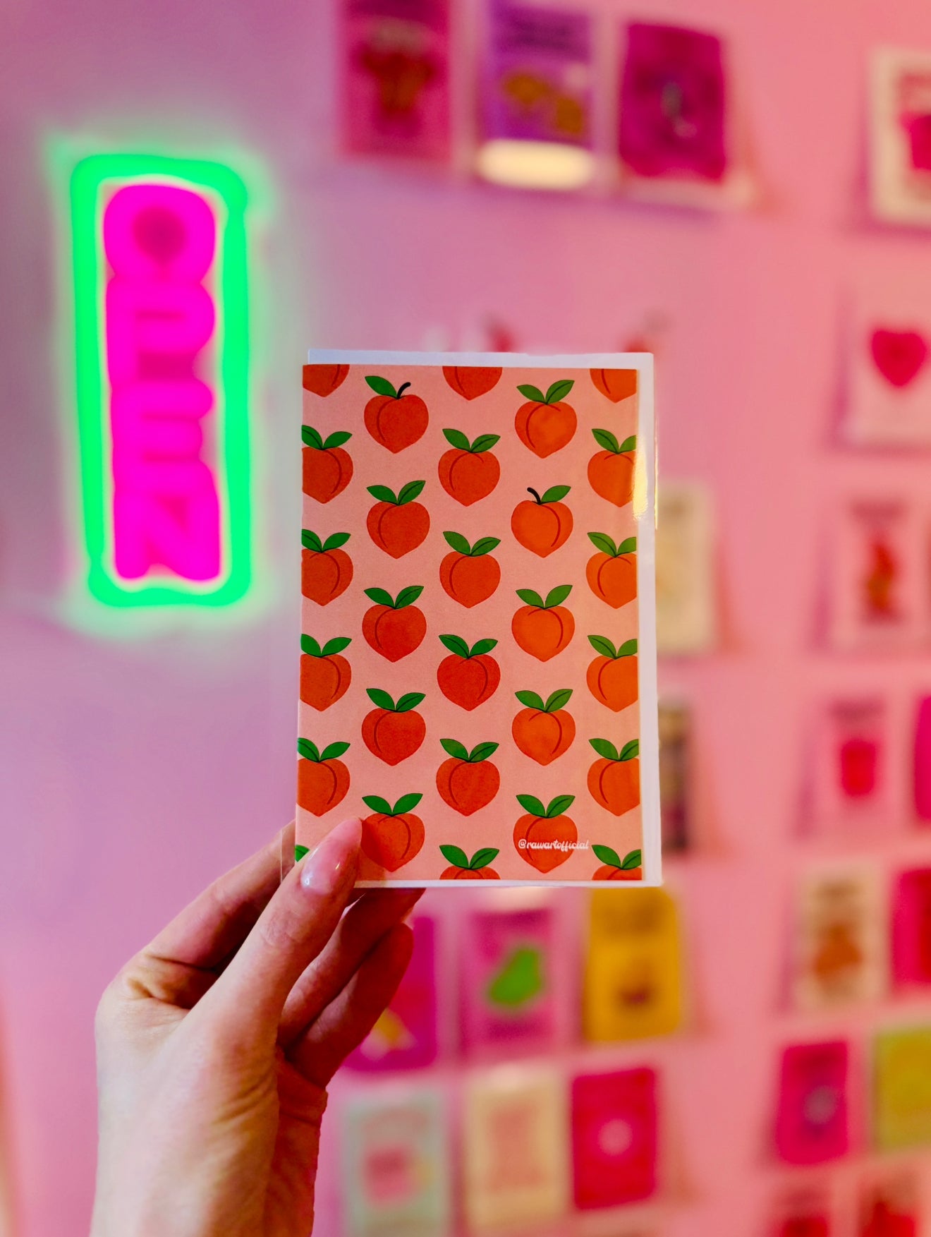 Retro peach greeting card with bold fruit pattern, playful Y2K vibes