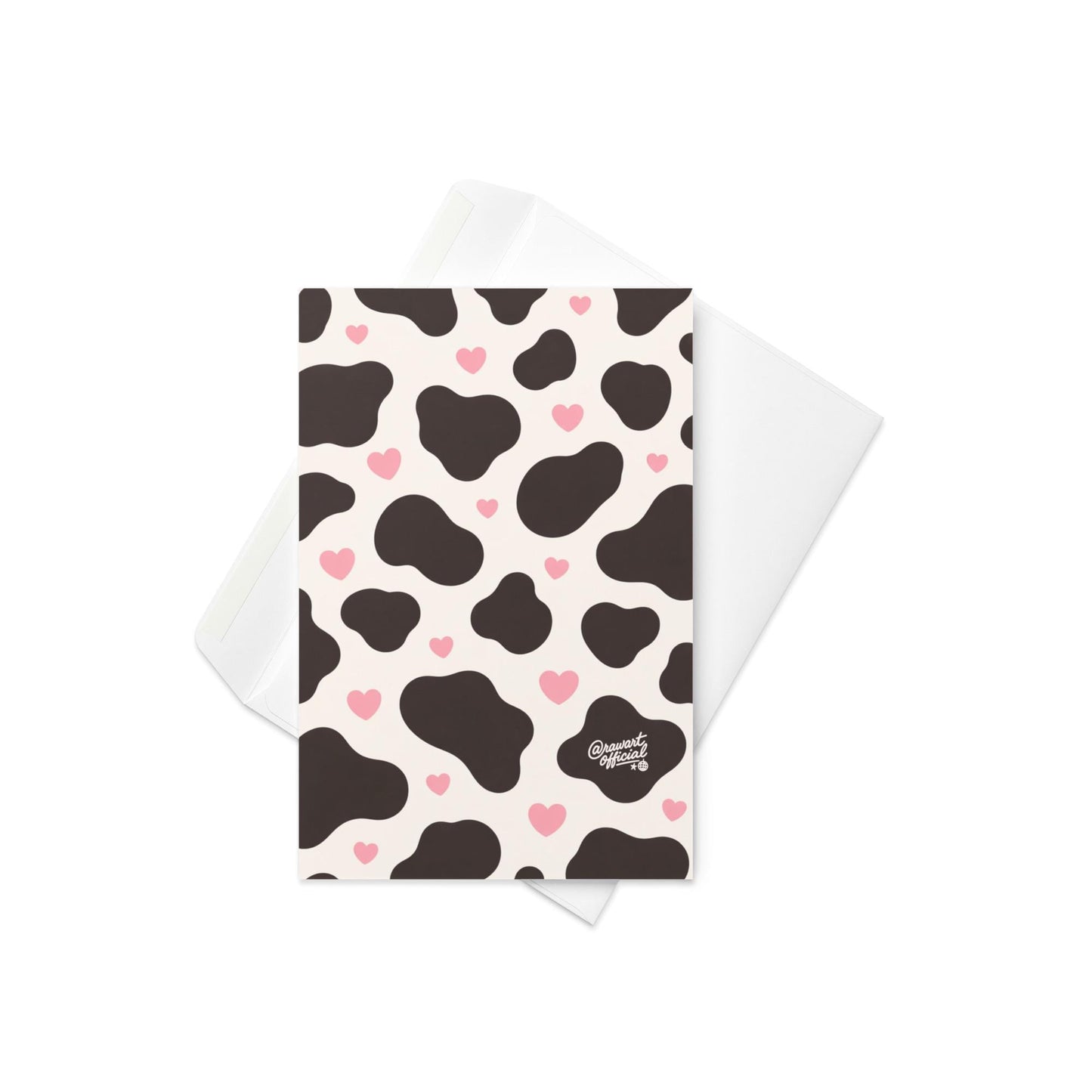 Cute cow print card with dark cow spots and scattered pink hearts aesthetic pattern design on cream background