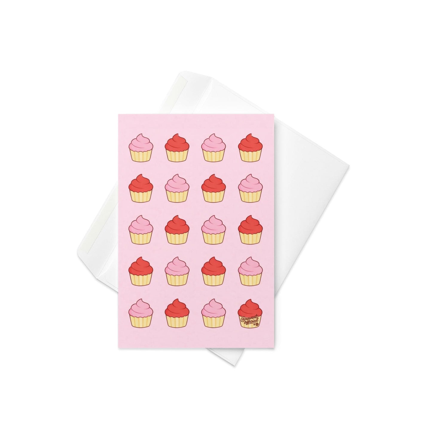 Cute cupcake pattern card with pink and red cupcakes on pastel background sweet bakery design