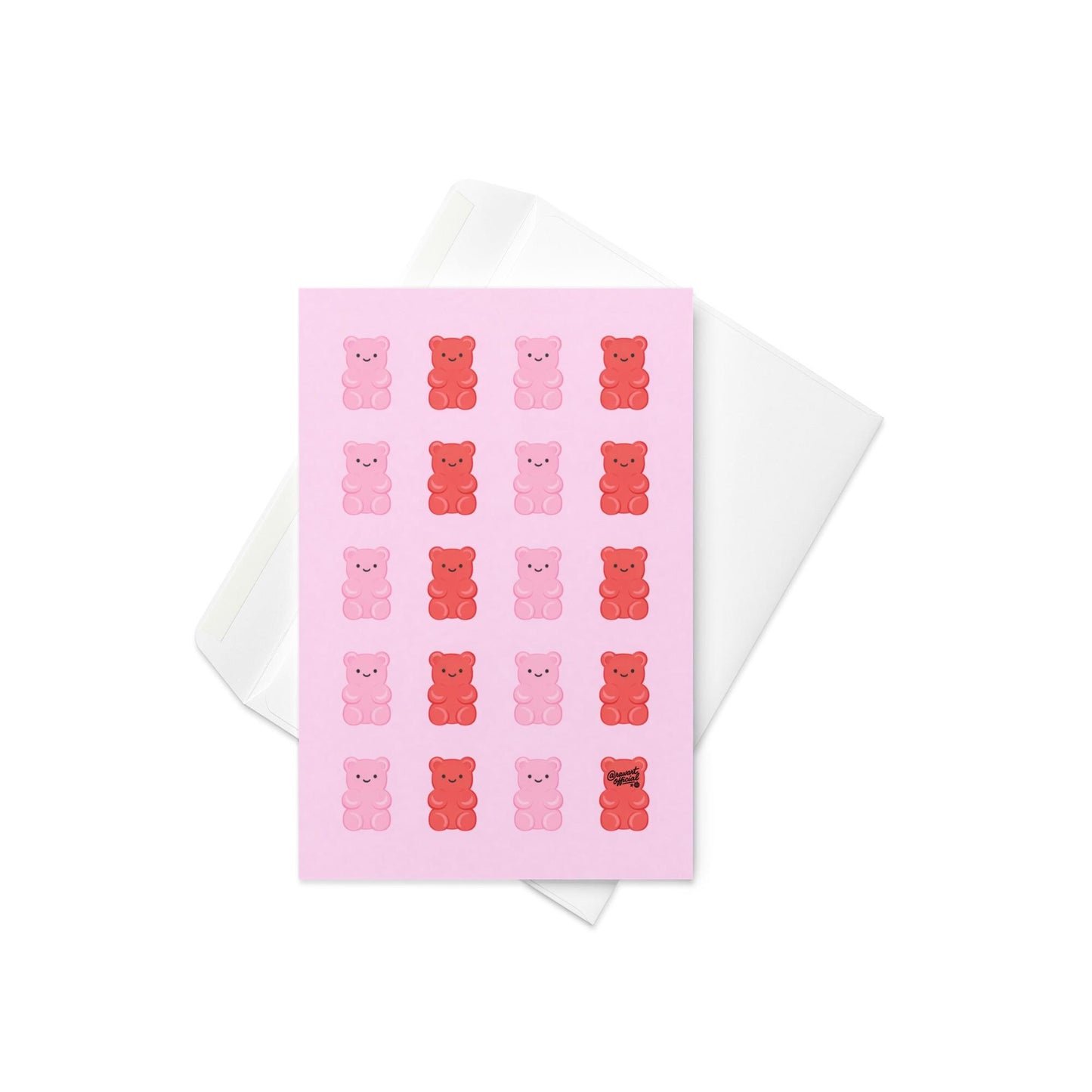 pink card with repeating pink and red gummy bears cute candy pattern design