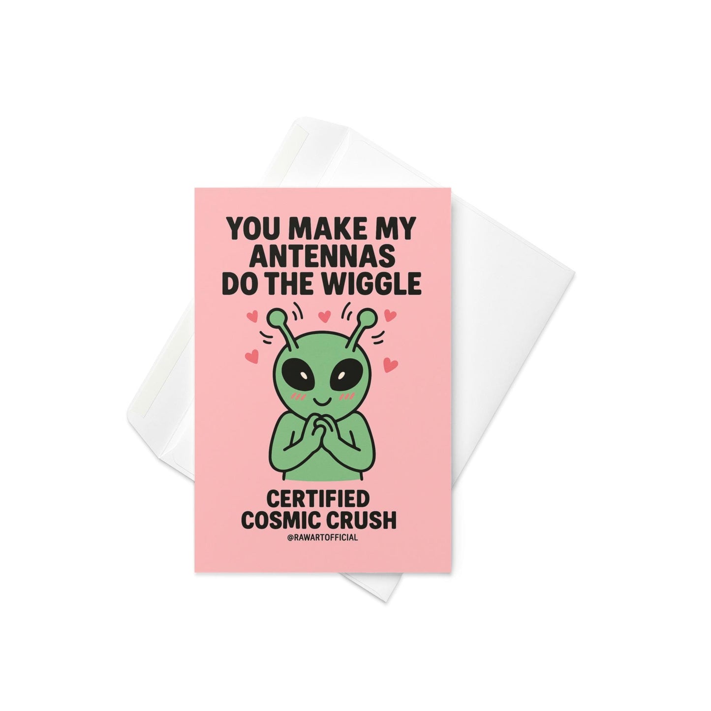 Cute green alien blushing with wiggling antennas and hearts on pink background, valentine card art.