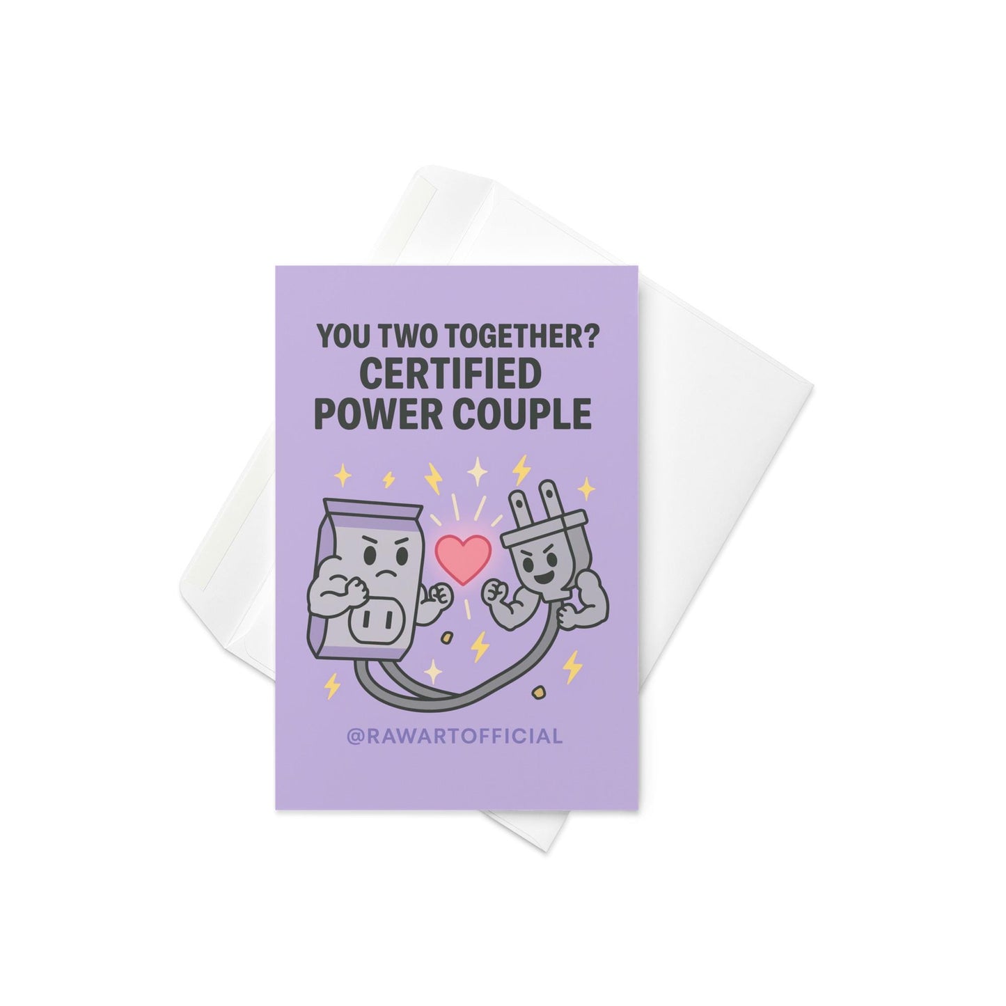 Funny wedding card with buff outlet and plug flexing with a heart, labeled “Certified Power Couple.”