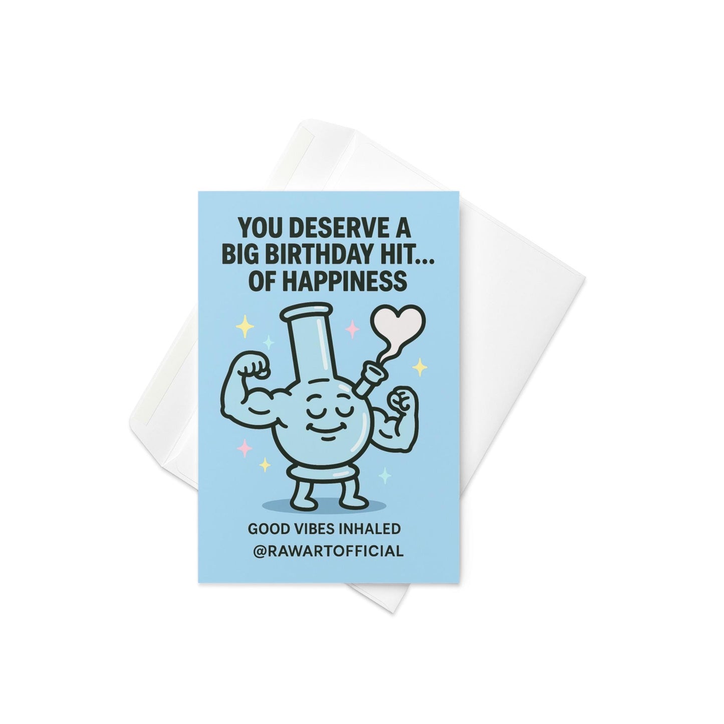 Buff cartoon bong flexing with heart-shaped smoke on a blue stoner birthday card by @rawartofficial.