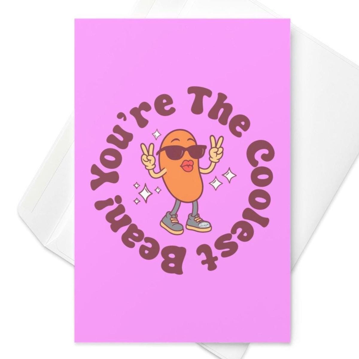 Purple birthday card featuring cartoon bean in sunglasses with text “You’re the Coolest Bean.”