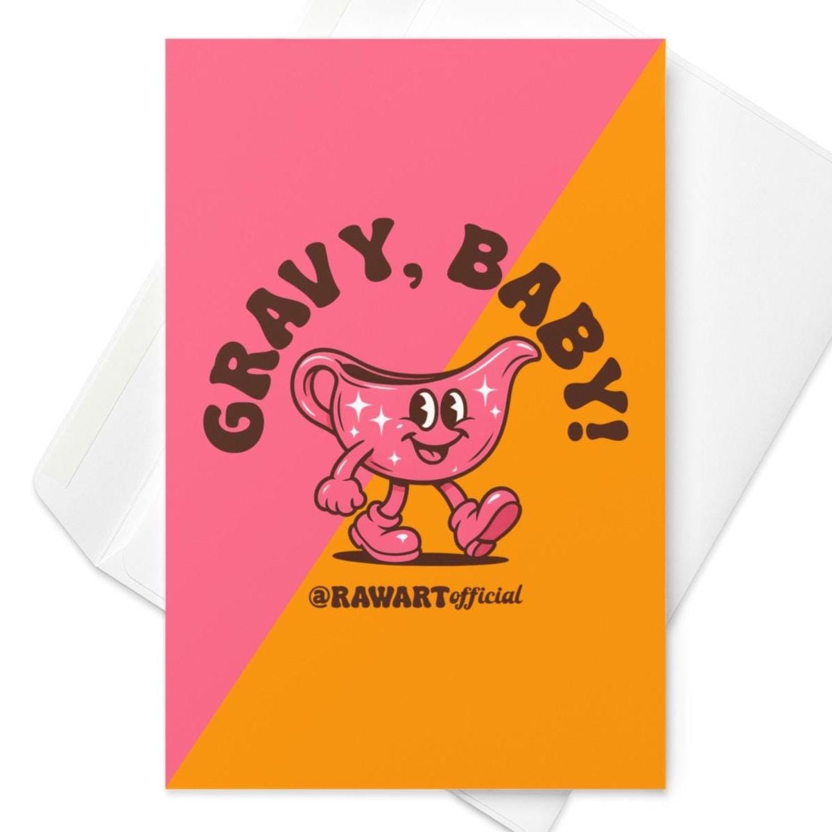 Retro pink and orange greeting card with cartoon gravy boat character and text “Gravy, Baby!” – funny Thanksgiving card