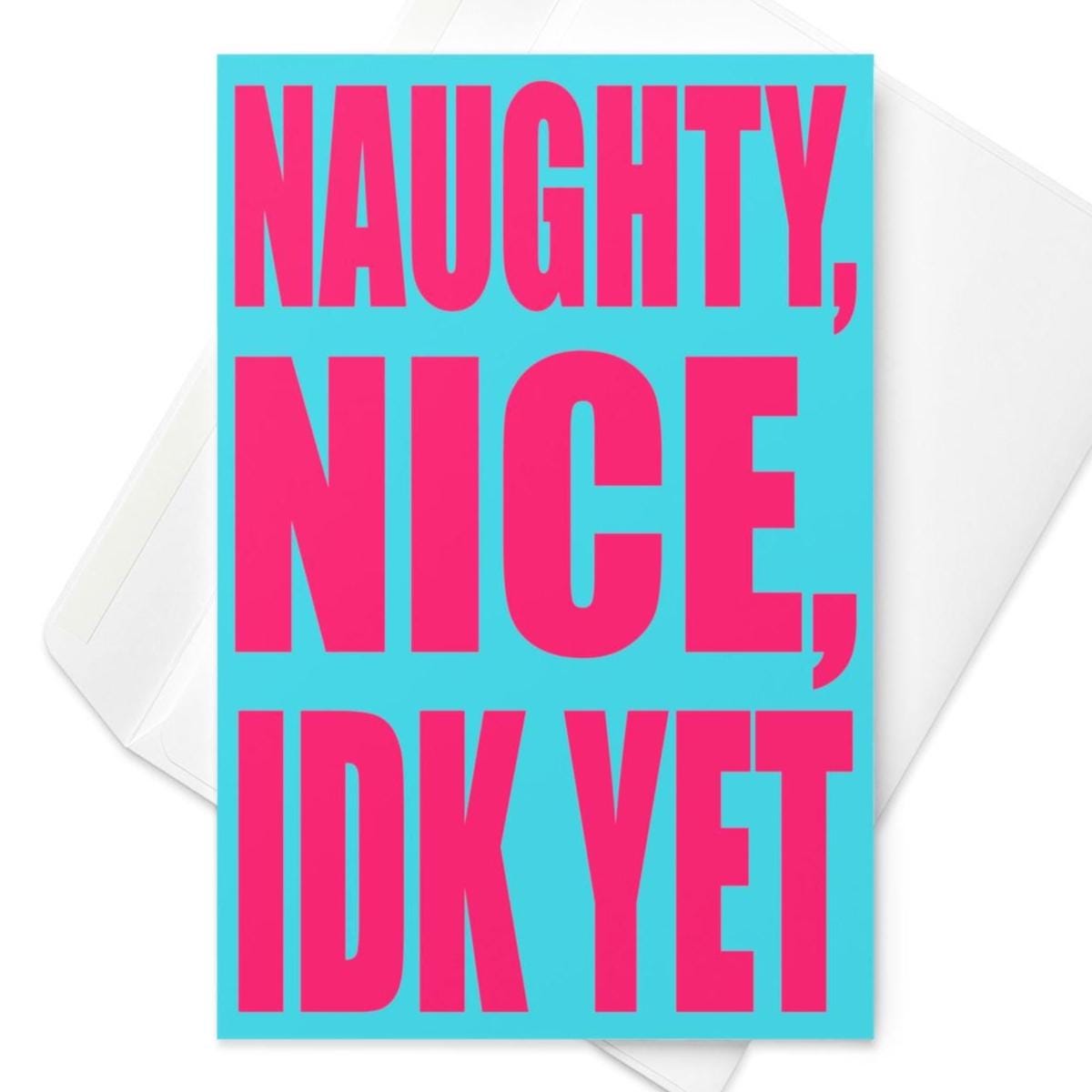 Funny Christmas greeting card with bold pink text reading “Naughty Nice I Don’t Know Yet” on a bright blue background.