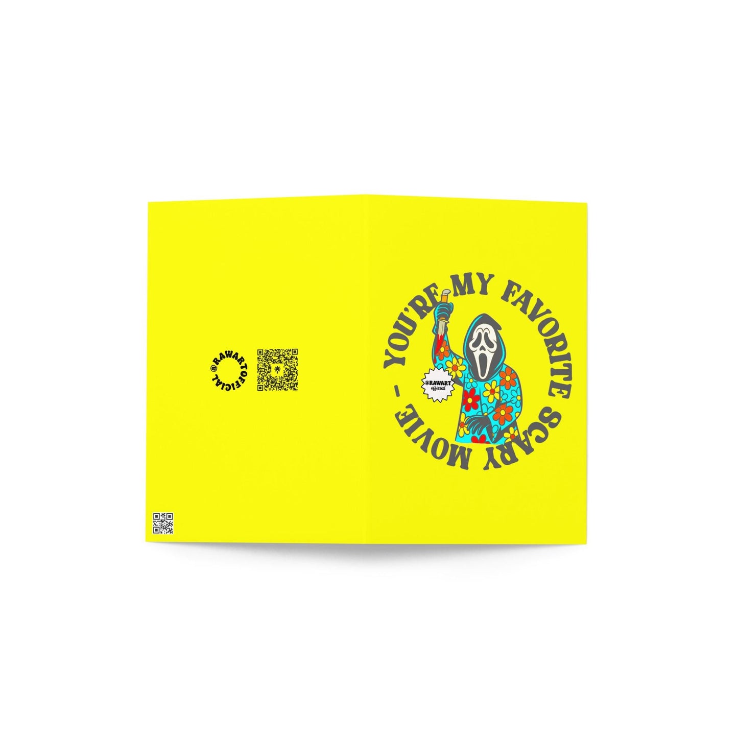 Retro Ghostface in colorful flower-print robe holding a knife, with text “You’re My Favorite Scary Movie” on bright yellow Halloween greeting card.