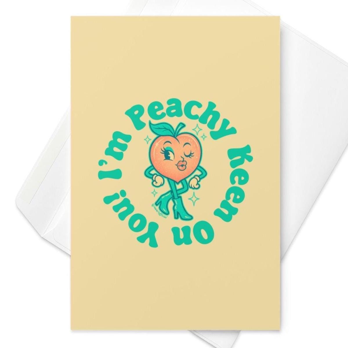 Funny anniversary or Valentines card with retro peach character and text “I’m peachy keen on you.”