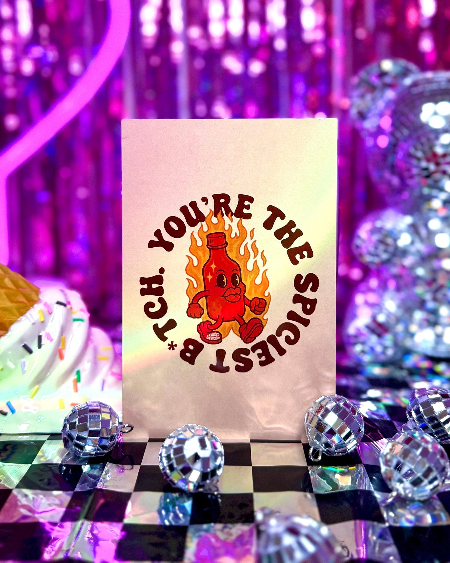 Funny Hot Sauce Pun Greeting Card: Spiciest B*tch Birthday Gift
