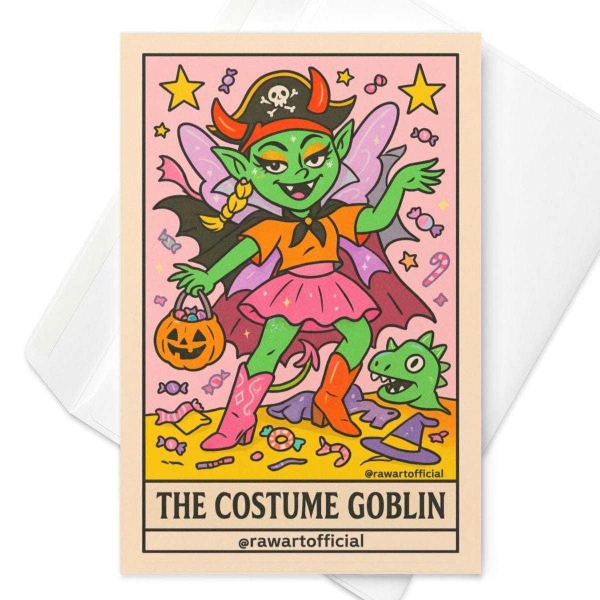 Colorful Halloween greeting card featuring a green goblin dressed as a pirate fairy holding a pumpkin candy bucket surrounded by candy.