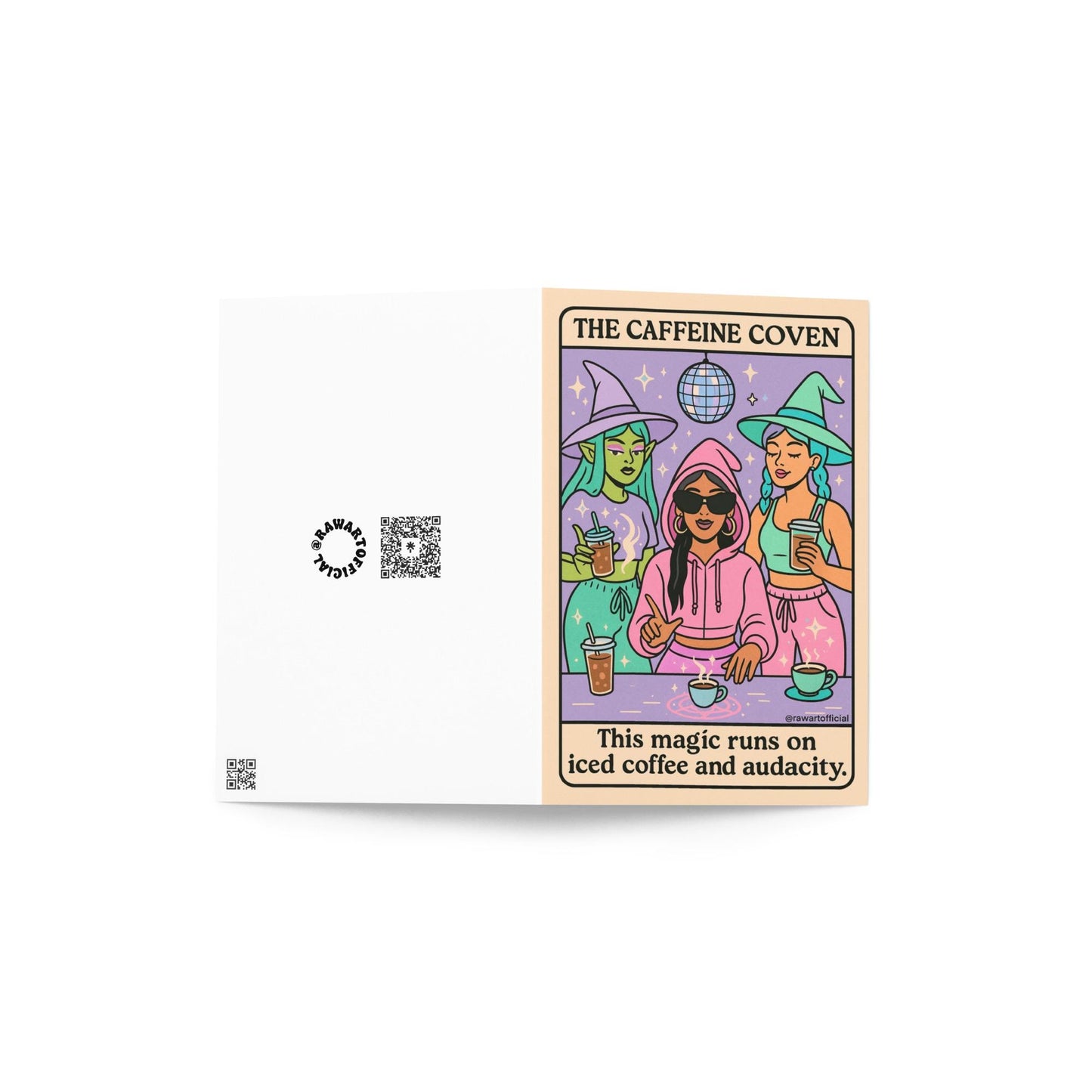Pastel witch-themed greeting card with three witches drinking iced coffee under a disco ball, captioned “This magic runs on iced coffee and audacity.”