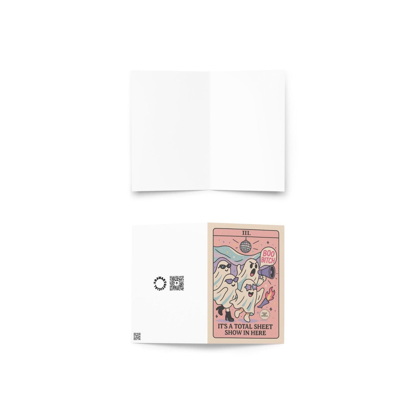 Funny ghost Halloween card with pastel pink background, disco ball, and “Boo Bitch” text – Total Sheet Show design by RAW Art Official.