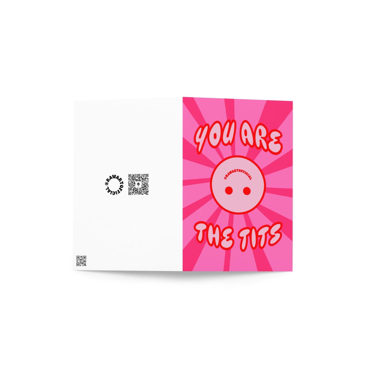 Bold pink retro greeting card with large boob illustration and text “You Are the Tits”
