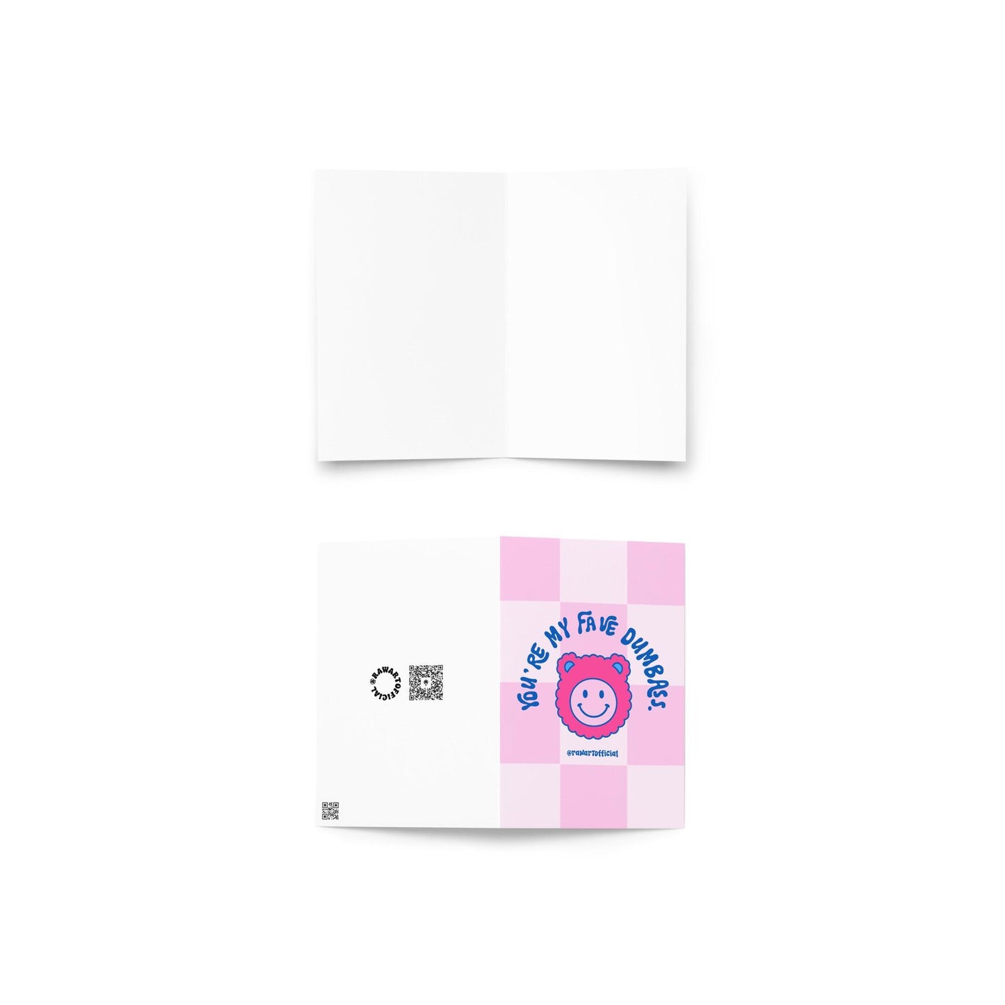 Pink teddy Y2K greeting card with text “You’re My Fave Dumbass” in bold retro font, funny friendship card