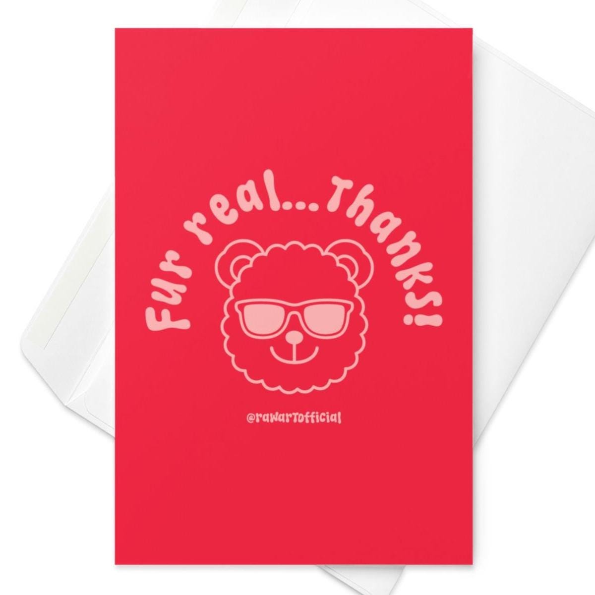 Retro pink thank you card with teddy bear in sunglasses and text “Fur Real… Thanks!”