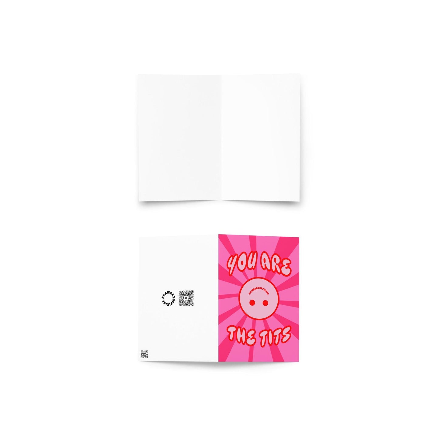 Bold pink retro greeting card with large boob illustration and text “You Are the Tits”
