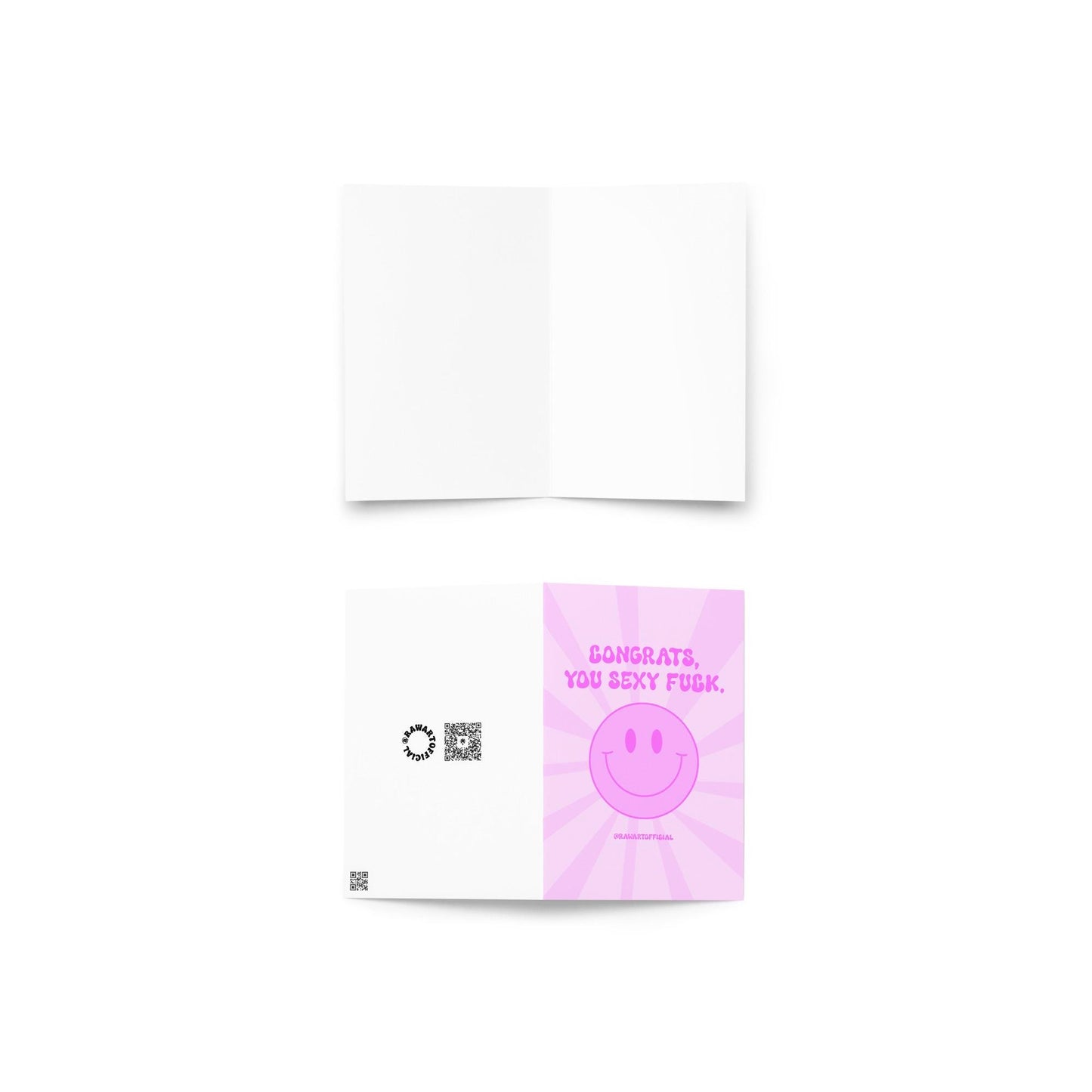 Pink retro greeting card with bold text reading "Congrats, You Sexy Fuck" and a big smiling face