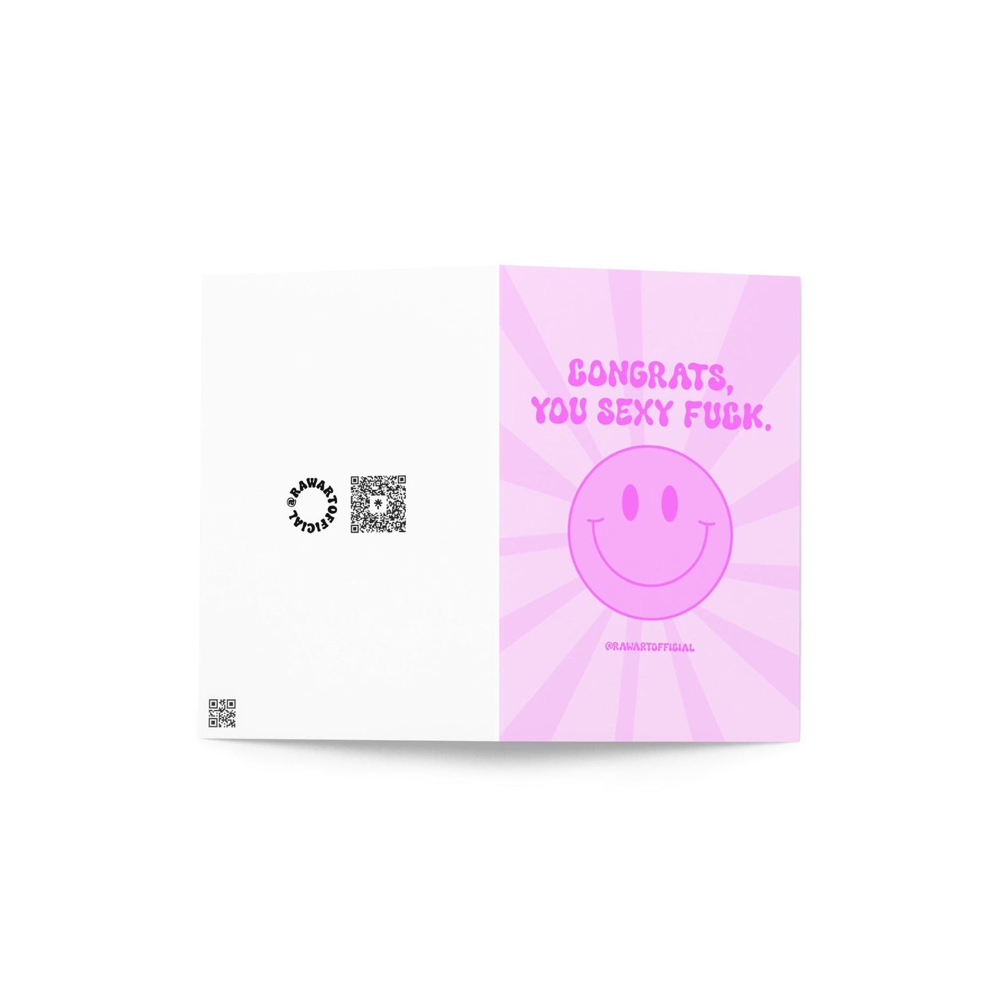 Pink retro greeting card with bold text reading "Congrats, You Sexy Fuck" and a big smiling face