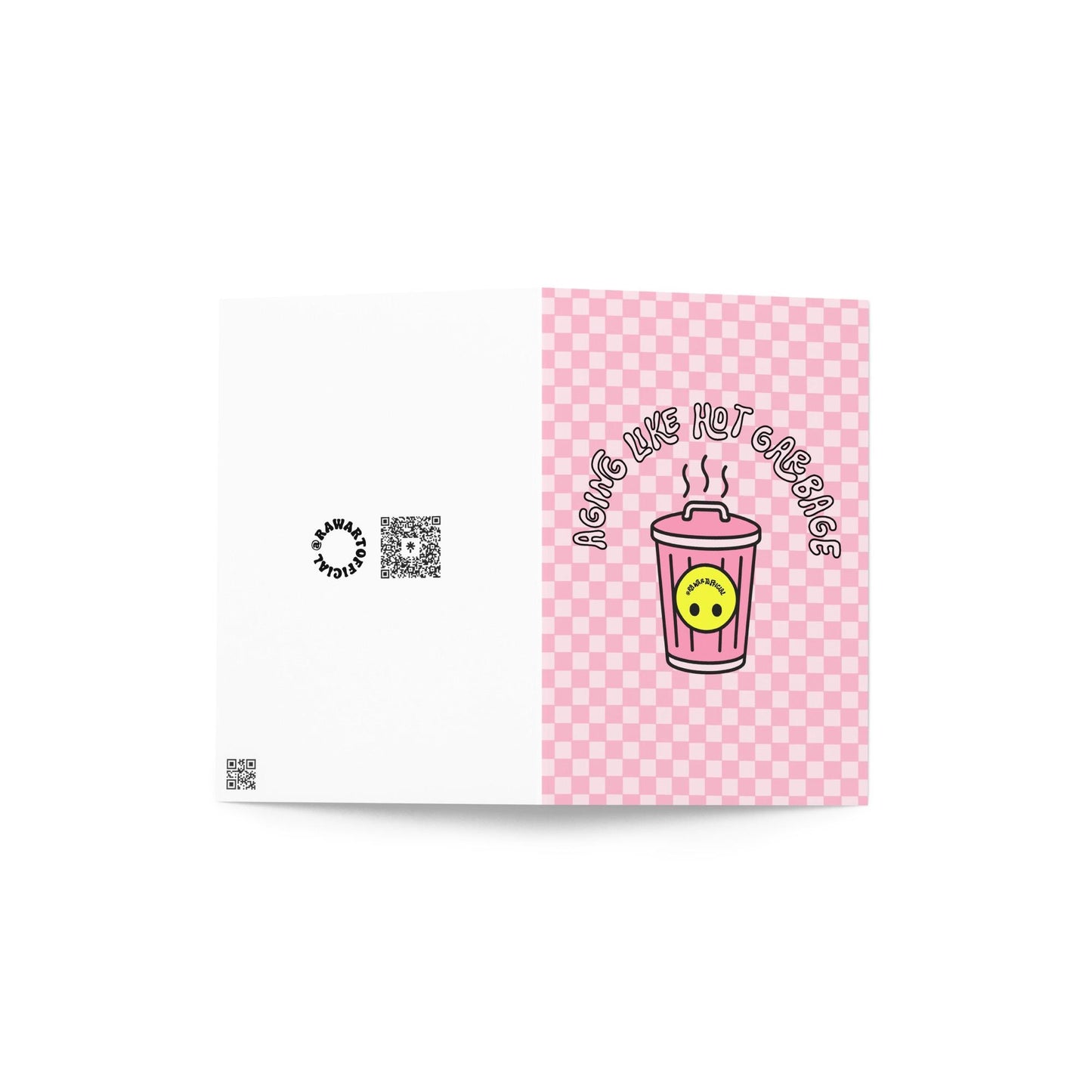 Funny “Aging Like Hot Garbage” birthday card with pink checkered retro trash can design