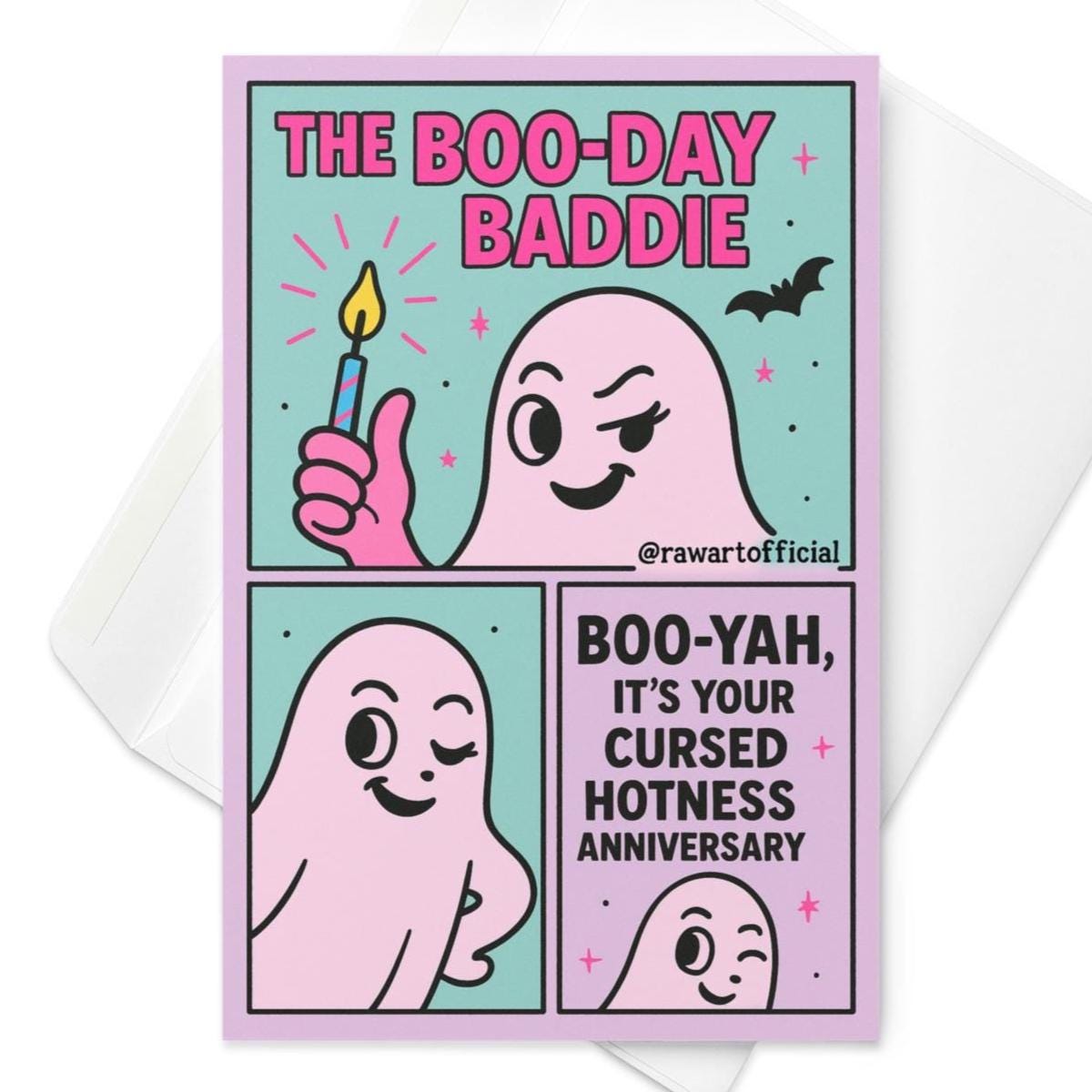 Greeting cardPink and teal ghost birthday card with cheeky ghost holding candle and saying “Boo-Yah.”