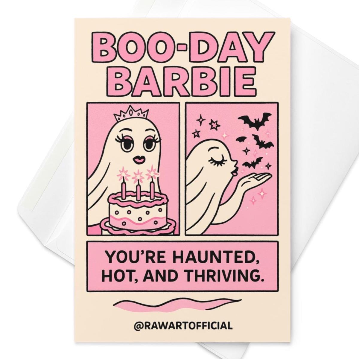 Greeting cardPink ghost Barbie birthday card with tiara, bats, and cake saying “You’re Haunted, Hot, and Thriving.”
