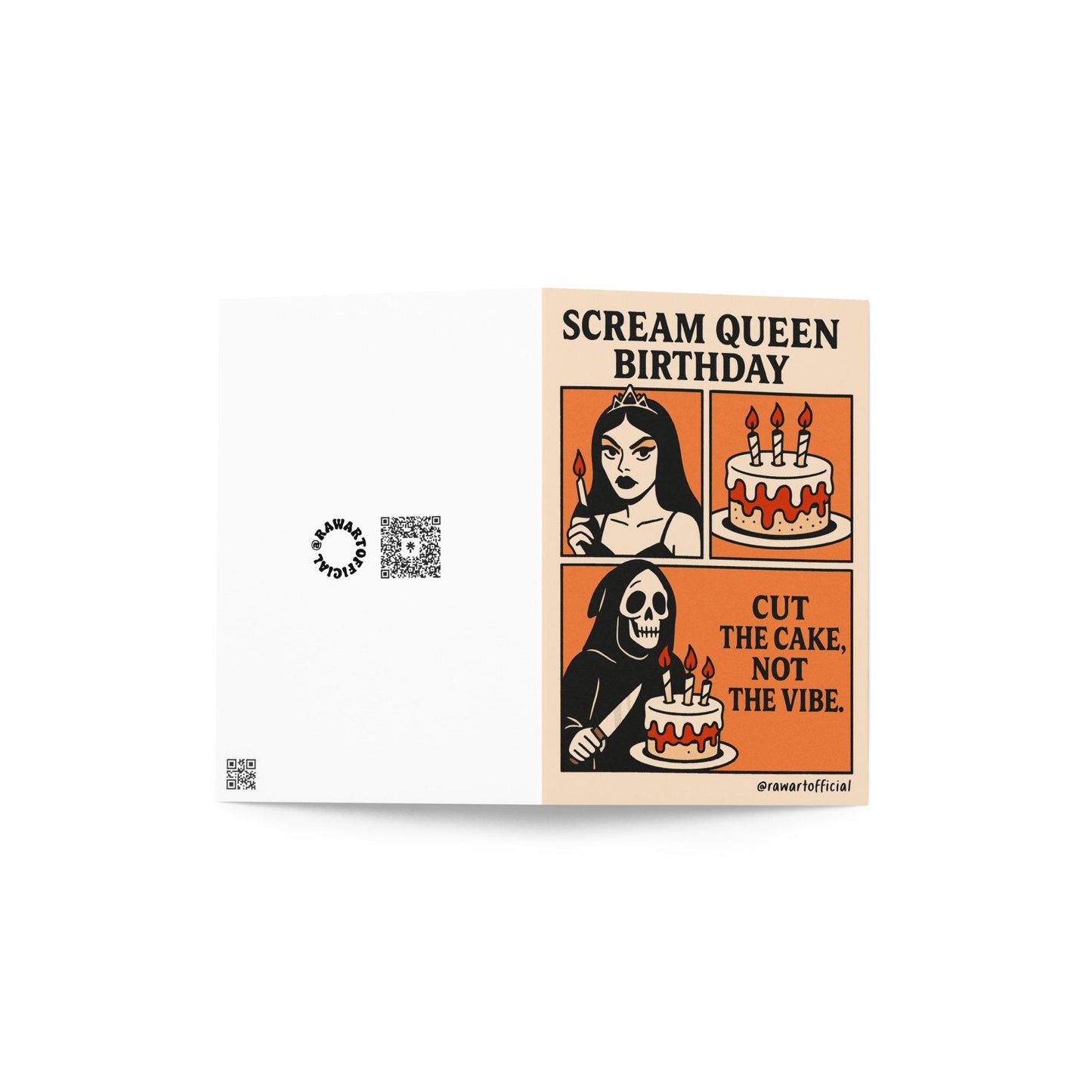 Retro comic style birthday card with gothic scream queen, spooky cake, and reaper, reading βCut the cake, not the vibe.β
