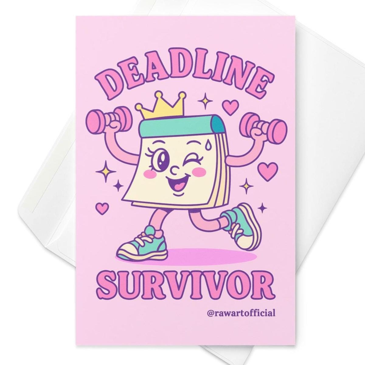 Retro cartoon calendar character lifting weights with crown and sneakers, “Deadline Survivor” funny greeting card in pink and pastel colors.