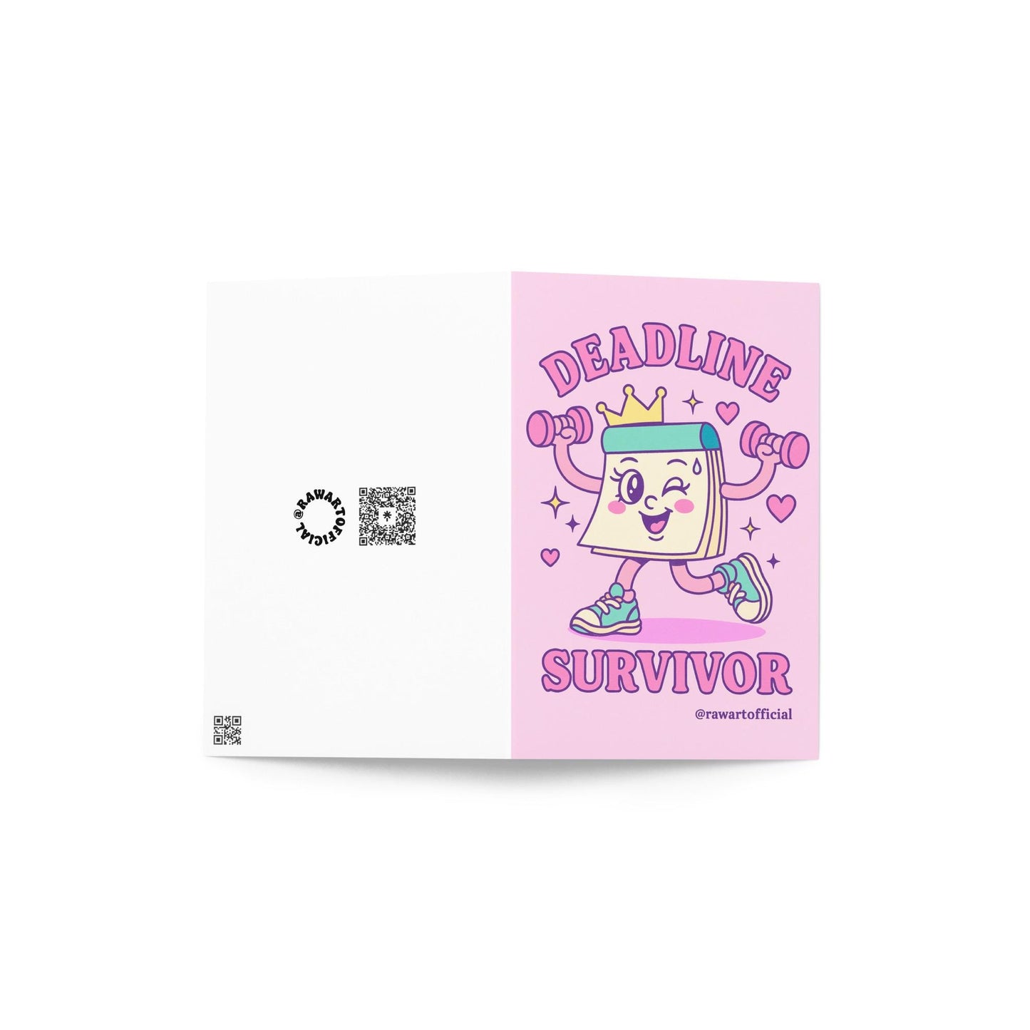Greeting card featuring a cartoon notepad character lifting dumbbells with the text “Deadline Survivor” on a pink background.