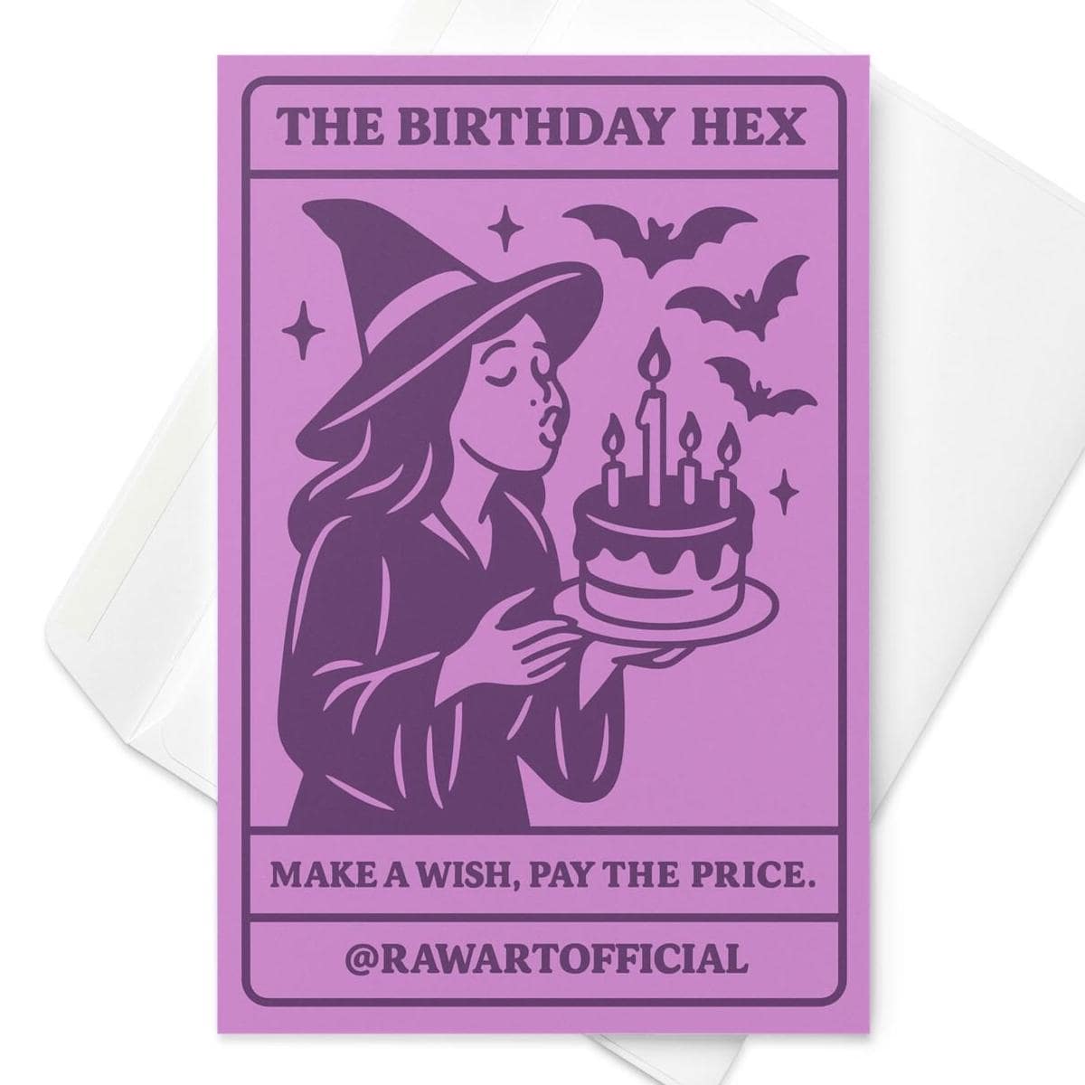 Purple witch birthday card with cartoon witch blowing out candles and bats flying, tarot-style spooky greeting card.