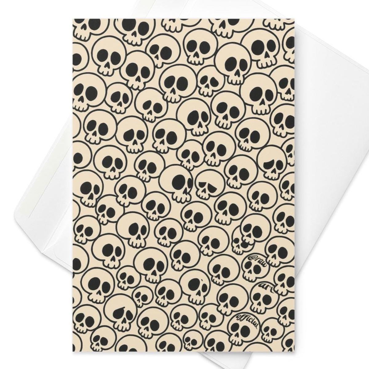 Pattern greeting card with cartoon skulls in bold black outlines on beige background, spooky-cute gothic stationery design.