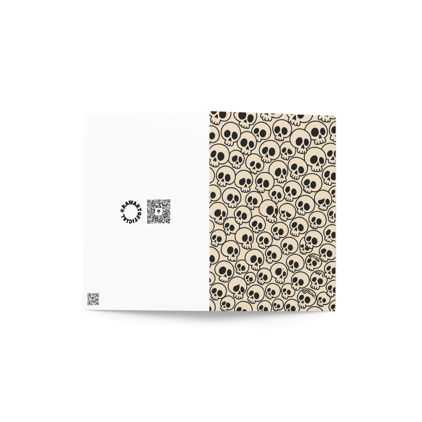 Pattern greeting card with cartoon skulls in bold black outlines on beige background, spooky-cute gothic stationery design.