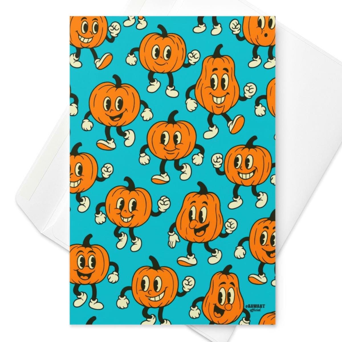 Retro pumpkin pattern Halloween card with vintage cartoon pumpkins on teal background wearing gloves and sneakers.