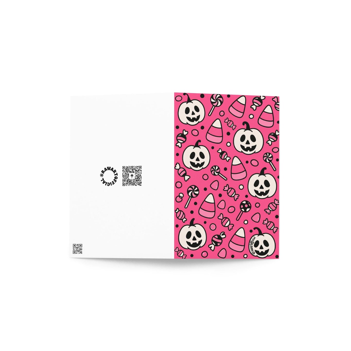 Greeting card featuring a retro pink Halloween pattern with smiling white pumpkins, candy corn, lollipops, and wrapped sweets in a cute cartoon style.