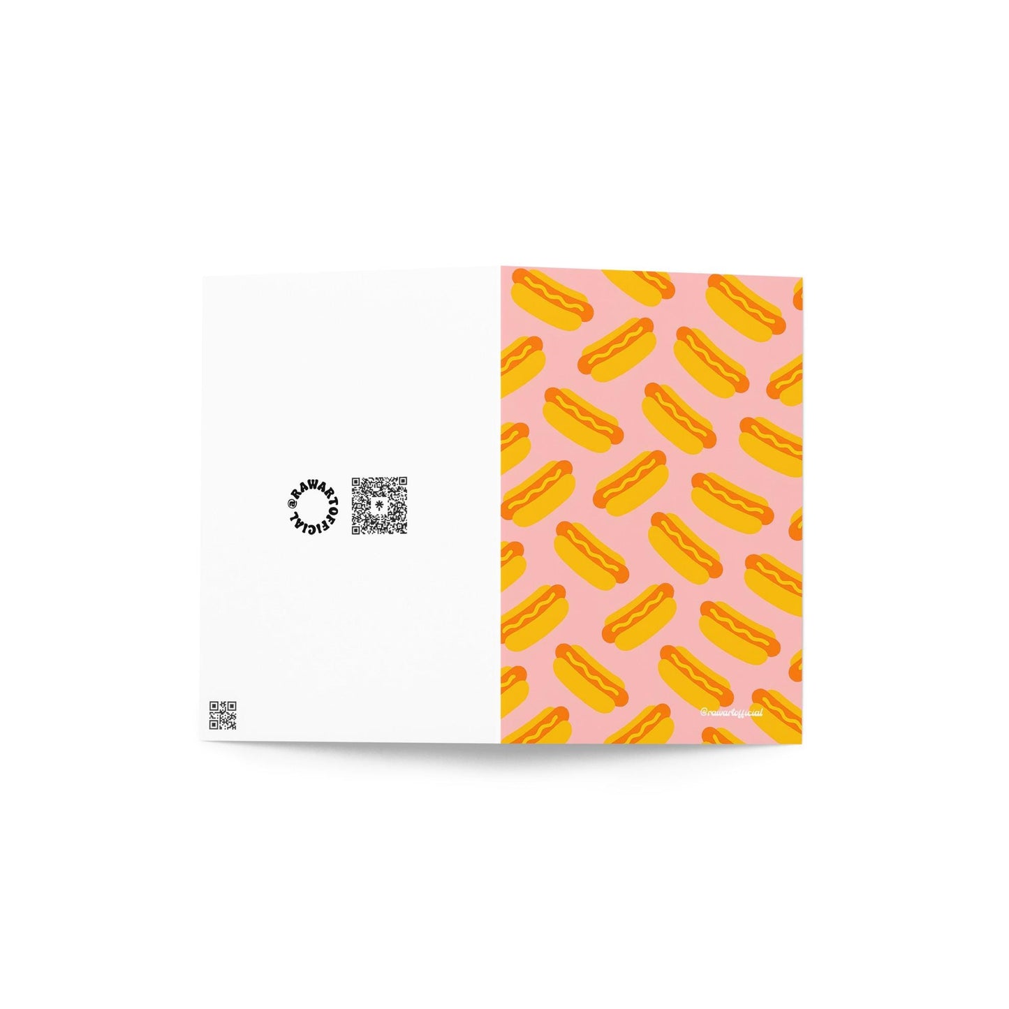 Retro hot dog pattern greeting card with playful pink background and bold orange-yellow hot dogs.