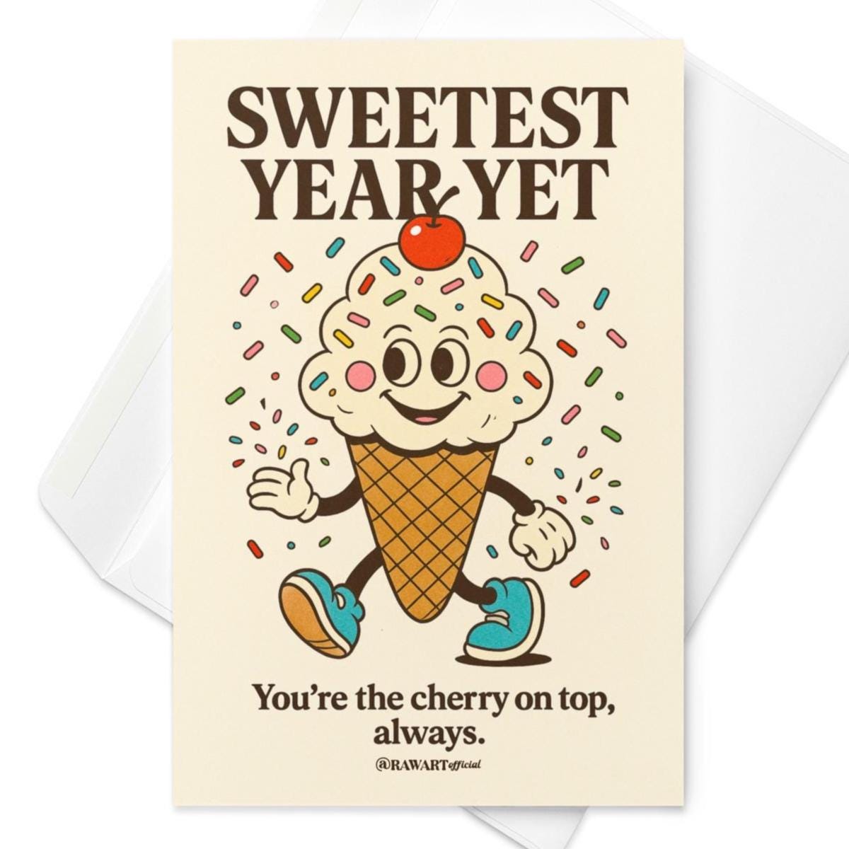 Retro ice cream cone birthday card with sprinkles and cherry on top, text says “Sweetest Year Yet.”