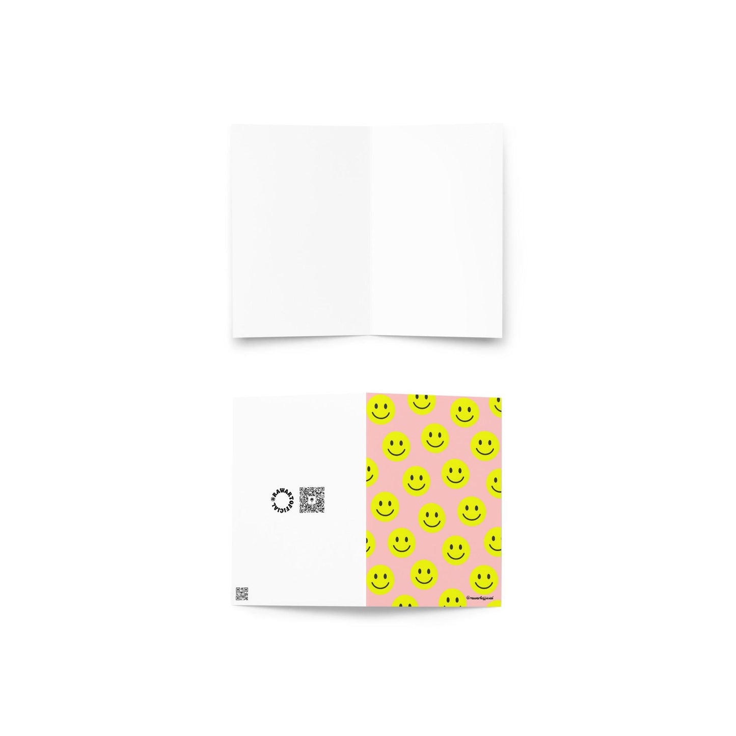 Retro pink greeting card with bold yellow smiley face pattern, playful and fun.