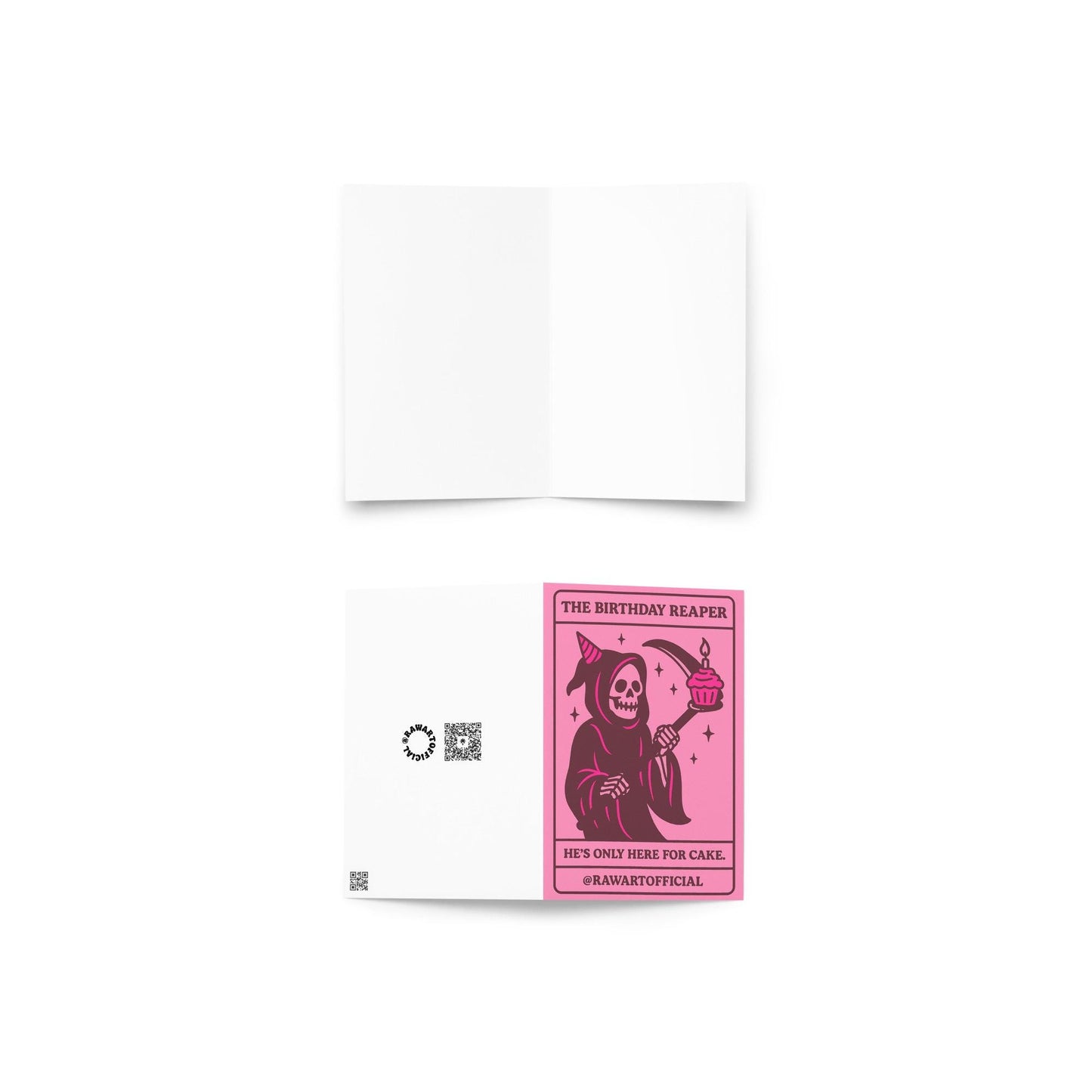 Pink gothic birthday card featuring the Grim Reaper holding a scythe with a cupcake, captioned “He’s only here for cake.”
