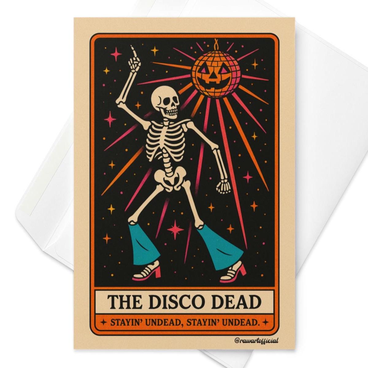 Retro tarot card design with a dancing skeleton in bell bottoms under a pumpkin disco ball, titled “The Disco Dead.”