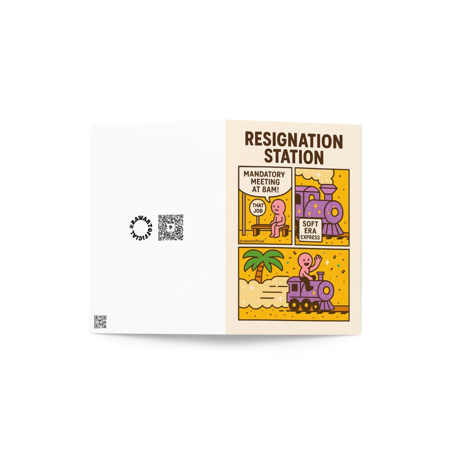 Retro-style congratulations card featuring a cartoon character leaving “That Job” bus stop and boarding a train labeled “Soft Era Express.”