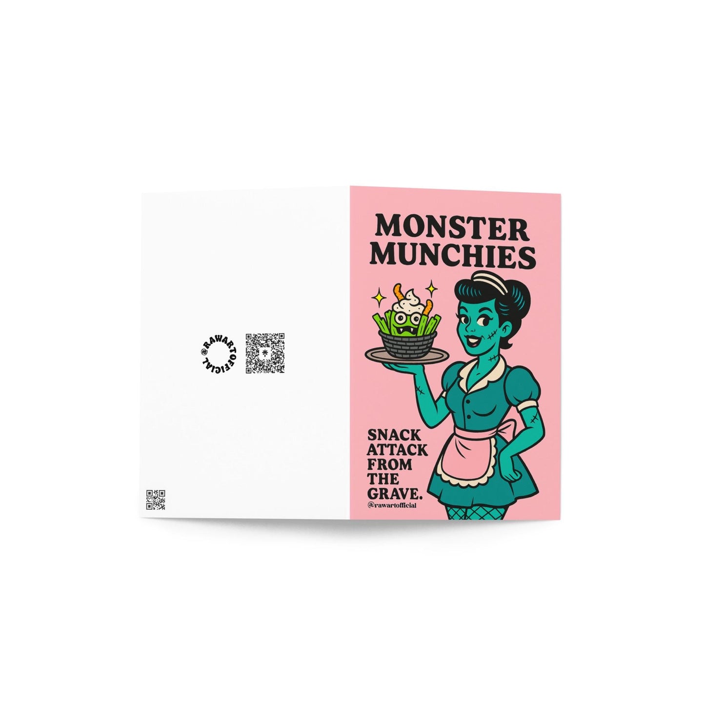 Greeting card with a pink background and a cartoon illustration. The illustration features a green-skinned waitress holding a tray with a basket of monster snacks. Text reads "Monster Munchies" and "Snack Attack From The Grave."