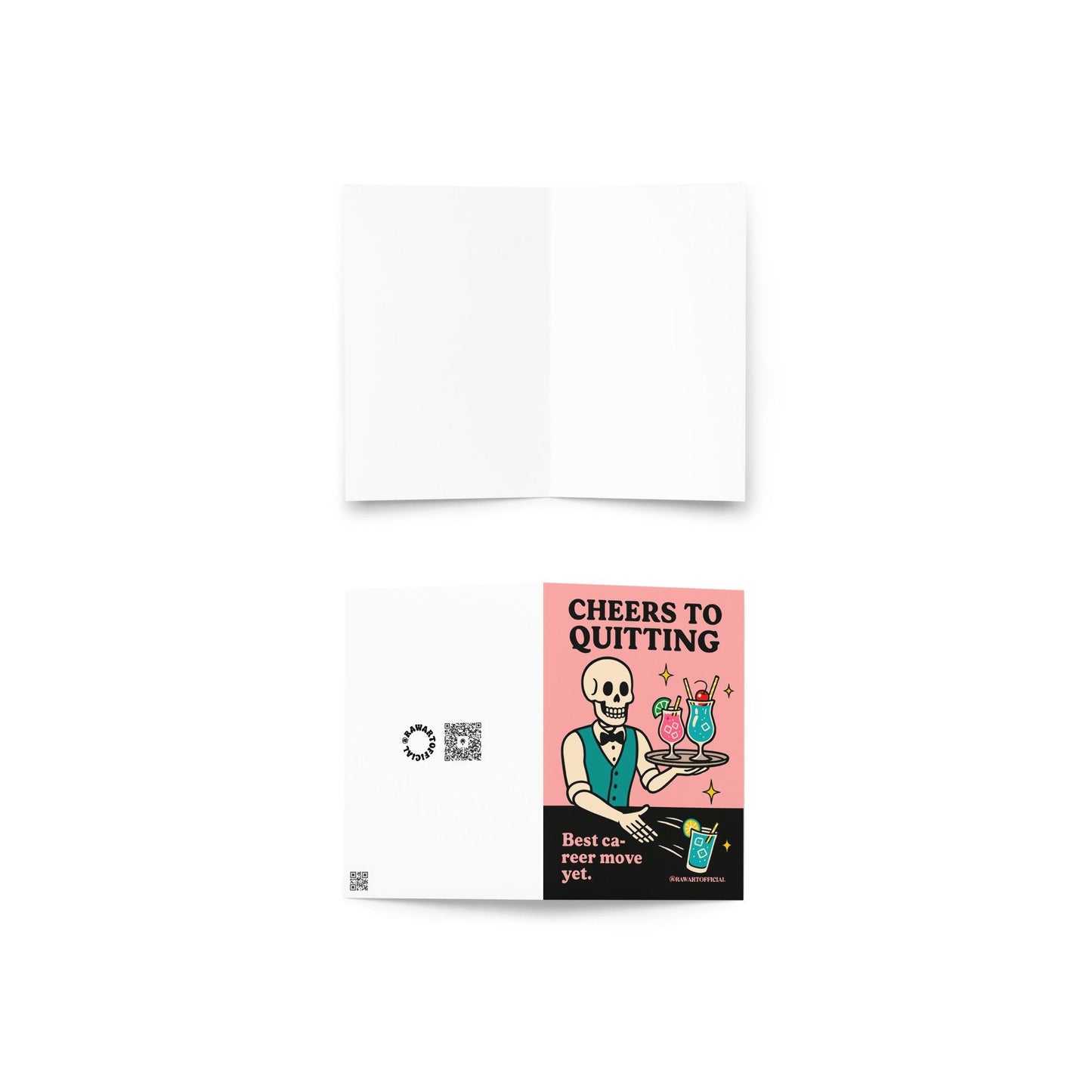 Retro skeleton bartender serving cocktails with text “Cheers to Quitting” funny job quit card