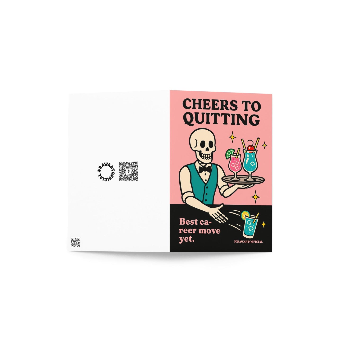 Pink spooky resignation card featuring a skeleton bartender holding cocktails with the phrase “Cheers to Quitting.”