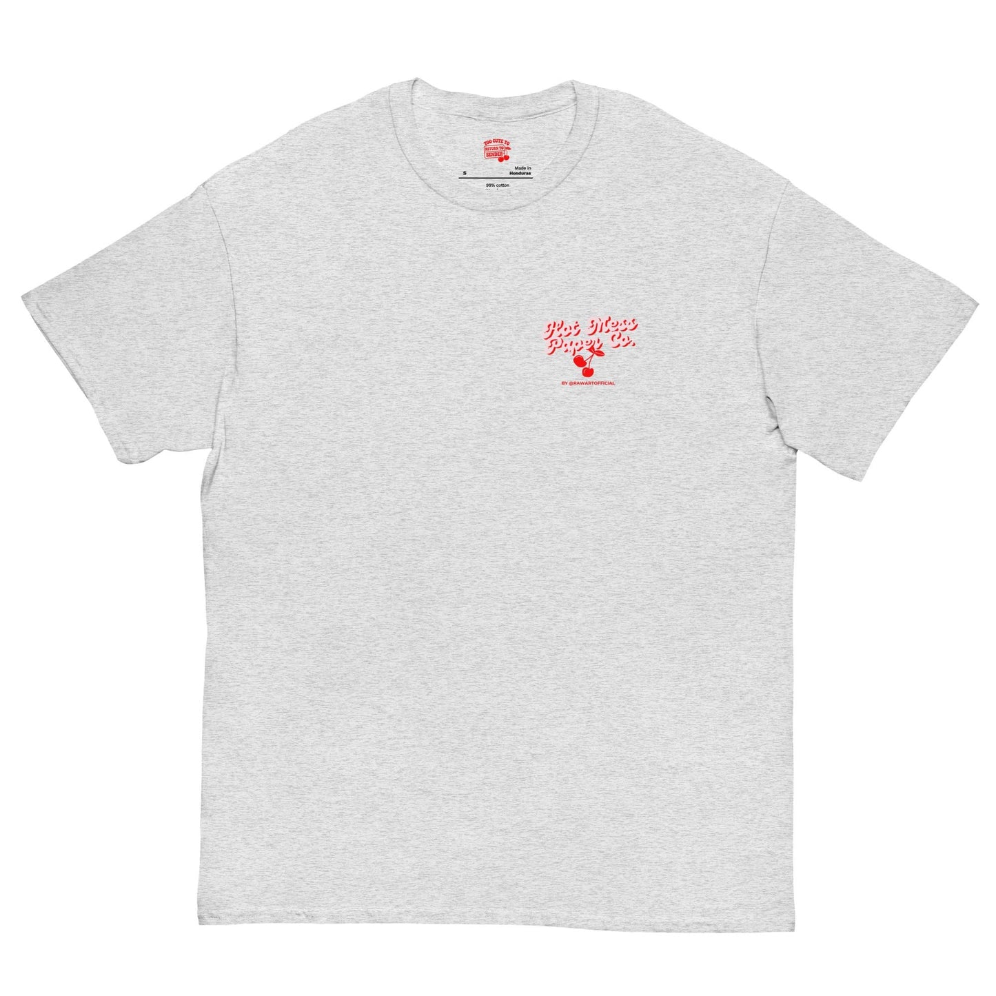 Grey unisex cherry graphic shirt with bold red print, aesthetic Y2K tee.