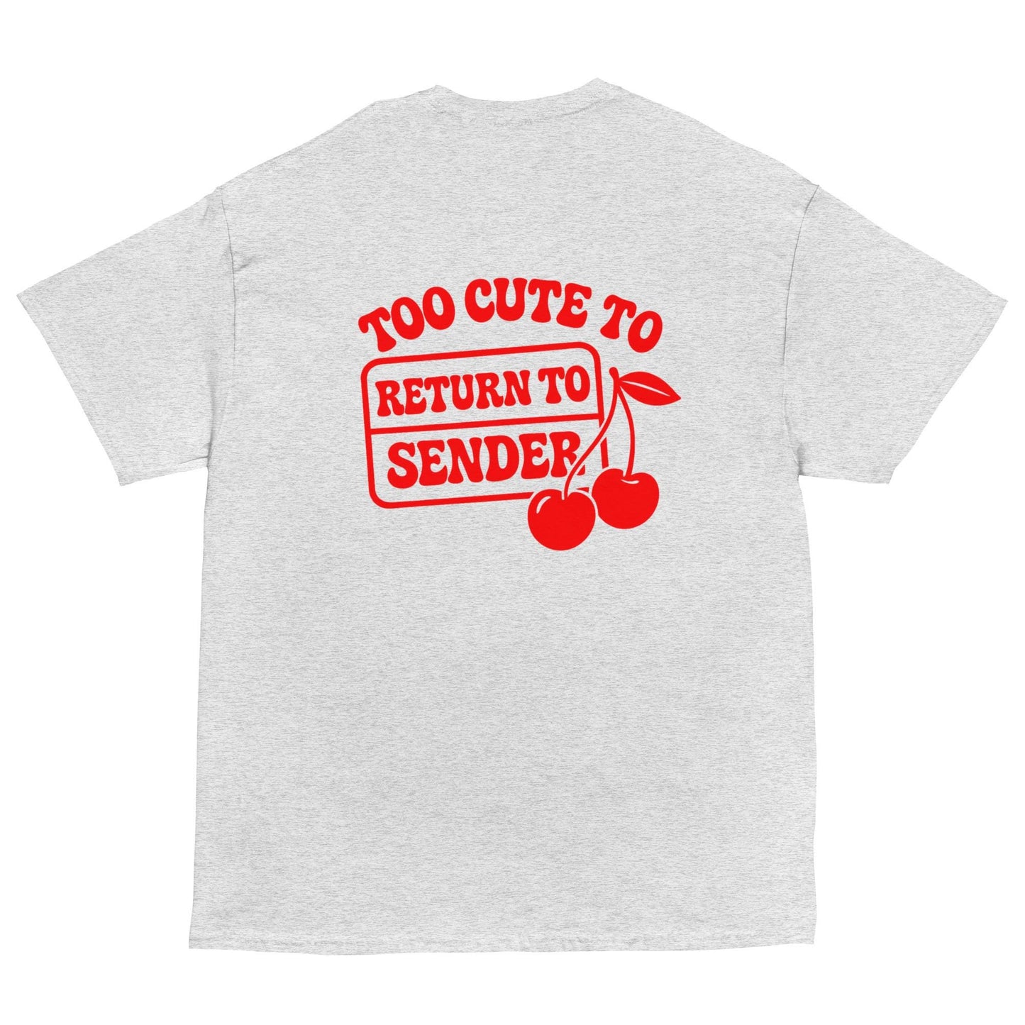 Grey unisex cherry graphic shirt with bold red print, aesthetic Y2K tee.