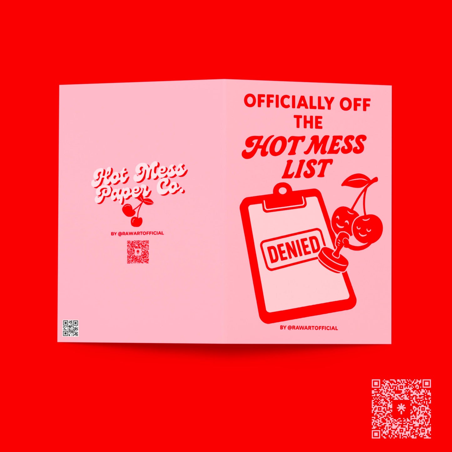 Retro cherry greeting card with clipboard and "Hot Mess List Denied" design in bold red on pink background.