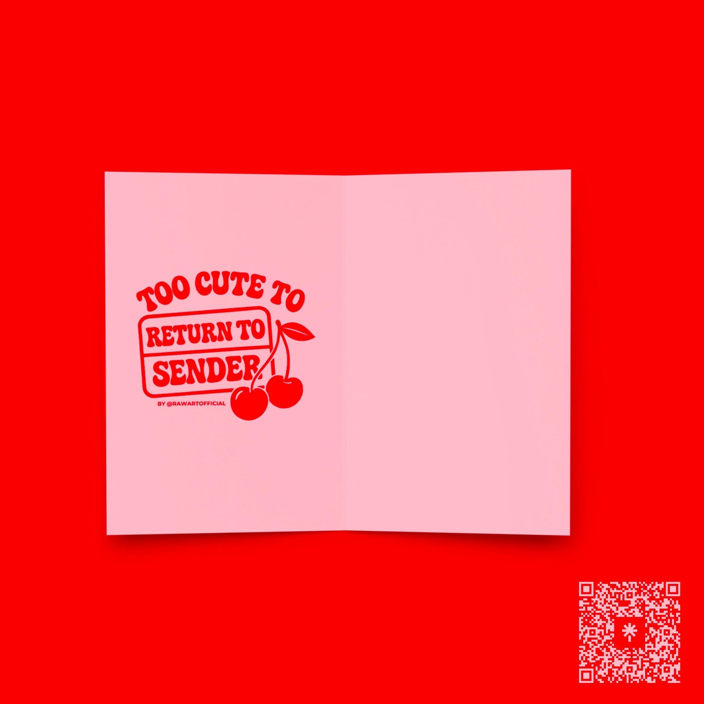 Retro pink and red greeting card with cherry pin-up characters sitting on envelopes, text reads “Sending You Paper Cuts & Cute Butts.”