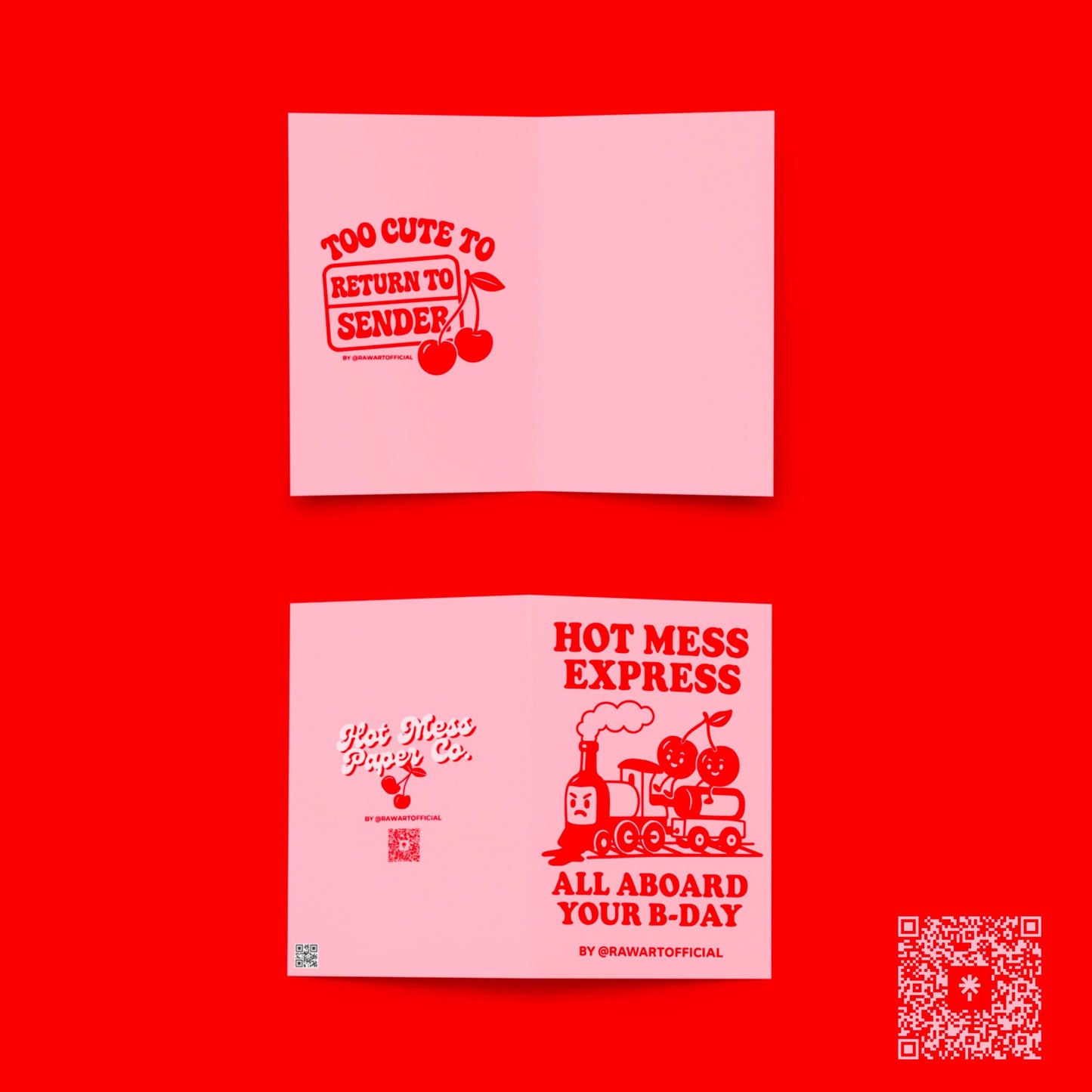 Retro birthday card with red cherries riding a cartoon train, text “Hot Mess Express – All Aboard Your B-Day.”