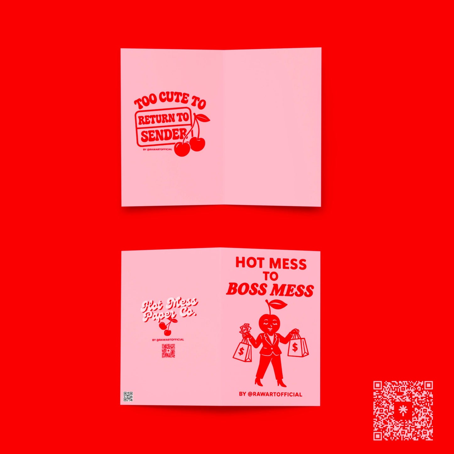 Retro pink greeting card with bold red cherry design and text “Hot Mess to Boss Mess,” funny promotion and new job celebration card.