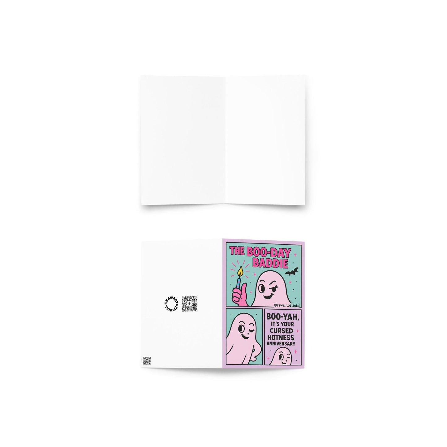 Pink and teal ghost birthday card with cheeky ghost holding candle and saying “Boo-Yah.”