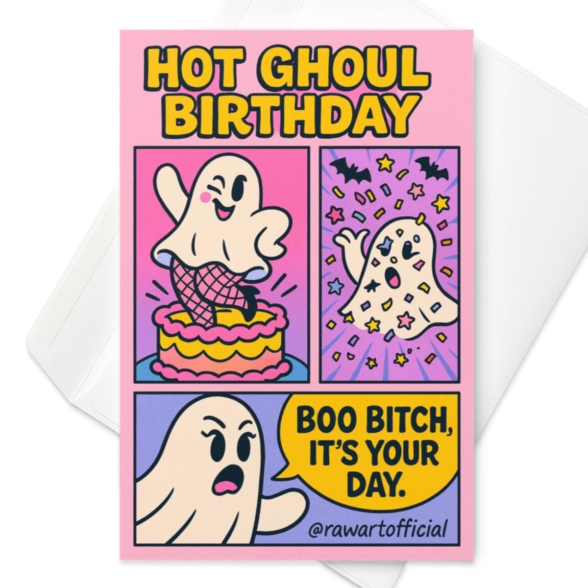 Greeting cardRetro cartoon ghost birthday card with fishnets, bats, and confetti – “Hot Ghoul Birthday.”